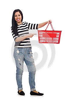 Woman with shopping cart isolated on white