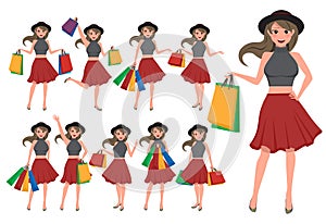 Woman shopping character vector set. Girl cartoon character