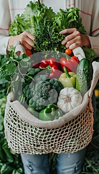 Woman shopping at farmers market with eco friendly cotton bag for fruits and vegetables