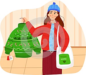 Woman shopping for festive green sweater, finding holiday sale. Cheerful shopper with winter hat holds a quilted bag
