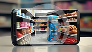 Woman shopping food online using a digital tablet at, close-up view on a tablet screen. Concept of buying online using