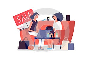 Woman shopping. Girls discuss purchases. Sale, discount flat vector concept. Two women on sofa with coffee, wears