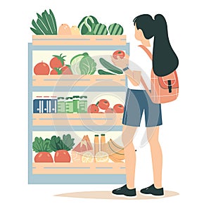 Woman shopping grocery store selecting vegetables supermarket. Female customer examines tomato