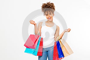 Woman shopping. Happy young african american girl with shopping bags isolated on white background. Copy space. Mock up. Summer