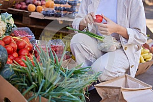 Woman, shopping and healthy food, fruit and vegetables at vegan farmers market, eco friendly grocery store or lifestyle