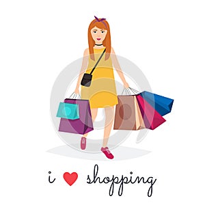 Woman shopping and holding bags. I love shopping. Fashion Shopping. Shopper. Sales.