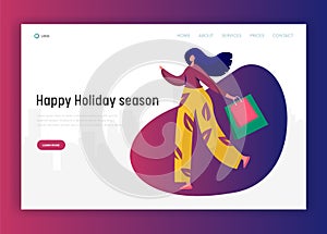 Woman Shopping on Holidays Landing Page. Shopoholic Character Holding Bag Concept for Website or Web Page