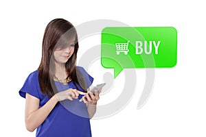 Woman shopping online click at BUY button on smartphone