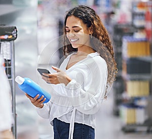 Woman shopping, phone and price check for inflation increase or discount coupon code. Young girl consumer calculating