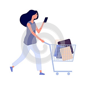 Woman shopping. Sale season, isolated flat style girl with cart. Female shopper bying food or clothing in store vector