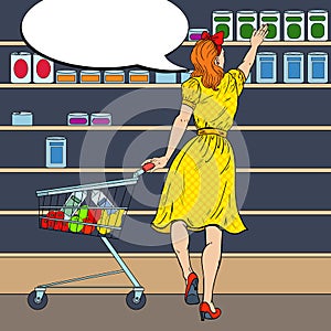 Woman Shopping at the Supermarket with Cart Choosing Product. Pop Art illustration