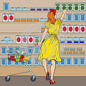 Woman Shopping at the Supermarket with Cart. Pop Art illustration