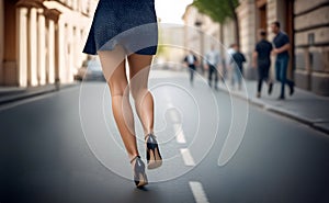 Woman in short dress and high-heeled shoes running in the street