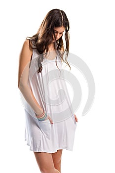 Woman in short white sarafan.