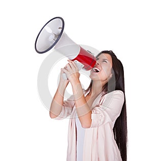 Woman shouting into a loud hailer