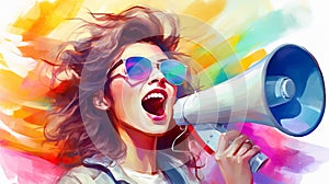 woman shouting in loudspeaker, female shout in loud speaker, retail and sale advertisement concept studio shot, person