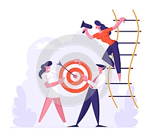 Woman Shouting in Loudspeaker Standing on Suspended Ladder, Businesspeople Team Holding Target with Arrow in Center