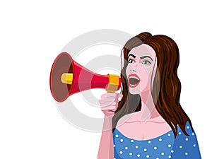 Woman shouting in megaphon, loudspeaker. Female cartoon character announcing for advertising, markering information