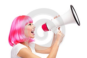 Woman shouting through megaphone