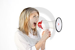 Woman shouting in megaphone
