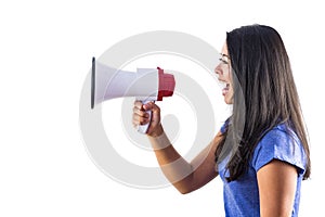 Woman shouting into a megaphone