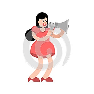 Woman shouting into megaphone isolated. Vector illustration