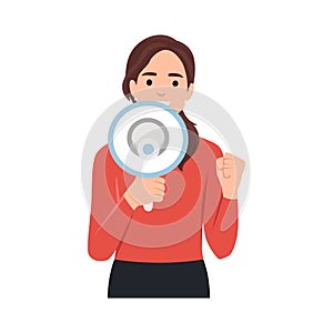 A woman shouting megaphone. Refer a friend concept. Referal marketing