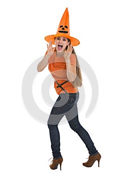 Woman shouting through megaphone shaped hands