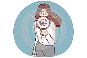 Woman shouting megaphone speaking at civil protest and calling people to action. Vector image