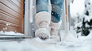 Woman shoveling snow near house, close up on legs and shovel photo