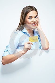 Woman show credit card. Portrait smiling business woman