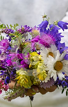 Woman show a natural floreal bouquet with different flowers and colors - concet of nature and environment - people and daisies