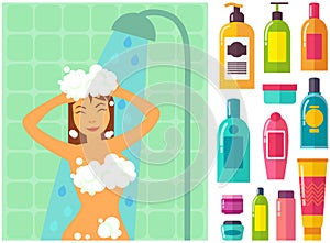 Woman showering near hygienic bath products. Set of bodycare toiletries next to bathing girl