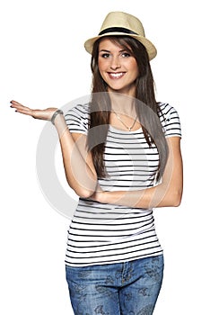Woman showing blank copy space