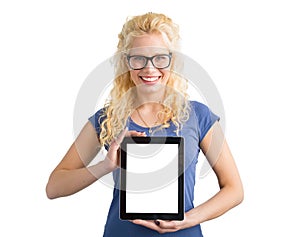 Woman showing blank screen tablet