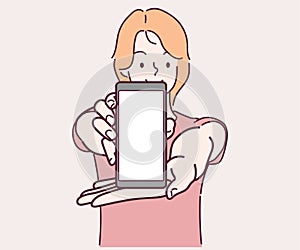 A Woman showing blank smartphone screen.