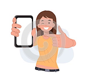Woman showing blank smartphone screen and pointing on it. cartoon vector illustrations