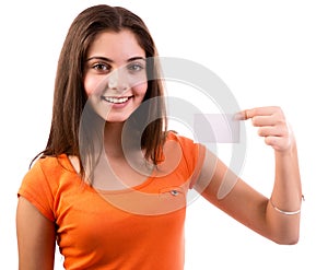 Woman showing business card
