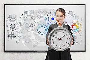 Woman showing clock, business plan sketch