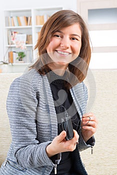 Woman showing cochlear implant