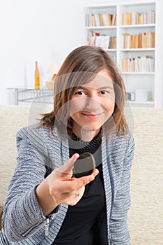 Woman showing cochlear implant