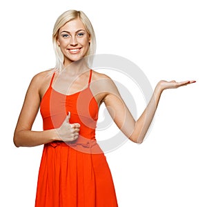 Woman showing copy space on her palm