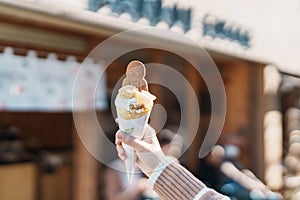 Woman showing Daibutsu or Buddha yogurt crepe, popular dessert in Kamakura, Kanakawa, Japan