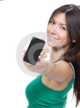 Woman Showing display of her new touch mobile cell phone