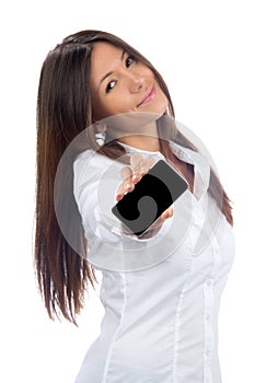 Woman Showing display mobile cell phone