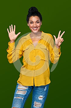 Woman showing eight fingers