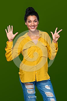 Woman showing eight fingers