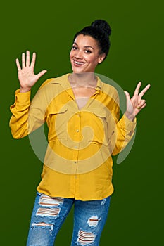 Woman showing eight fingers