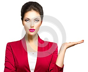 Woman showing empty copyspace on the open hand palm