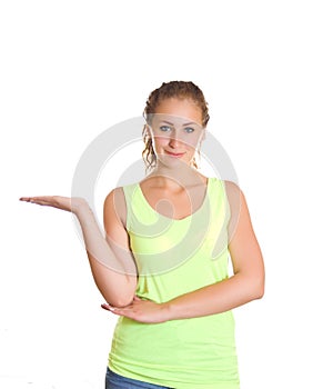 Woman showing empty copyspace on the open hand palm